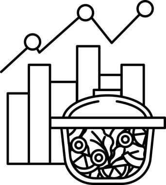 Arka planda grafik olan bir tencere yemeğin siyah beyaz görüntüsü. Grafik sağlıklı beslenen insan sayısında sürekli bir artış gösteriyor.