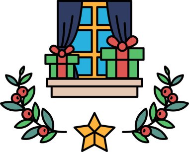 Üzerinde çelenk ve yıldız olan bir pencere. Çelenk yeşil ve kırmızıdır ve yıldız da altındır. Pencere pervazında iki kutu var.