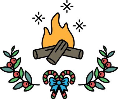 Keresteli ve yapraklı bir ateş çizimi. Ateş turuncu ve sarıdır ve yapraklar yeşildir. Çelenk kırmızı ve beyaz, ve üzerinde bir fiyonk var.