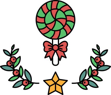 Bir şeker lolipopu yeşil yapraklar ve kırmızı böğürtlenlerle çevrilidir. Şekerleme lolipop görüntünün ana odak noktası, ama yapraklar ve böğürtlenler sahneye şenlikli bir dokunuş katıyor.