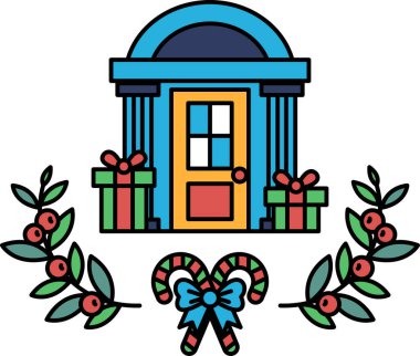 Kapısı ve penceresi olan bir ev. Kapı bir yayla süslenmiş. Ev yapraklardan bir çelenkle çevrili.