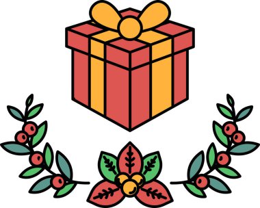 Yeşil yapraklı bir sınırın üstünde sarı bir fiyonk olan kırmızı ve sarı bir kutu. Kutu yeşil yapraklarla çevrili.