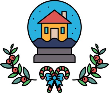 Bir ev kar küresi içinde yapraklardan bir çelenk ve bir kurdeleyle gösterilir. Kar küresi yeşil yapraklı bir çelenk ve bir kurdele ile çevrilidir. Kar küresi tatil sezonu için şenlikli bir dekorasyondur.