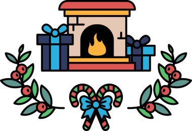 Önünde yapraklardan bir çelenk ve şeker kamışı olan bir şömine. Şömine hediyeler ve bir Noel ağacı ile çevrili. Görüntü sıcak ve şenlikli bir atmosfer taşır.