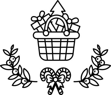 Bir sepet dolusu hediye bir yaprak çelengi ve bir baston şekerle çevrilidir. Sepet bir yayla süslenmiş ve çelenk yeşil ve kırmızıdır. Sevinç ve kutlama kavramı