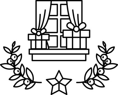 Üzerinde çelenk ve yıldız olan bir pencere. Çelenk yeşil ve kırmızıdır ve yıldız da altındır. Pencere pervazında iki kutu var.