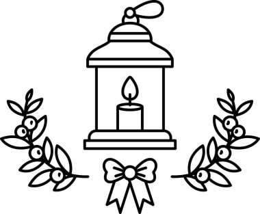 Yeşil yapraklı kenarı olan bir fenerde mum yakılır. Mum yapraklar ve böğürtlenlerden oluşan bir çelenkle çevrili.