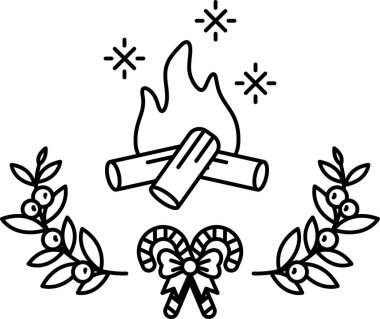 Keresteli ve yapraklı bir ateş çizimi. Ateş turuncu ve sarıdır ve yapraklar yeşildir. Çelenk kırmızı ve beyaz, ve üzerinde bir fiyonk var.