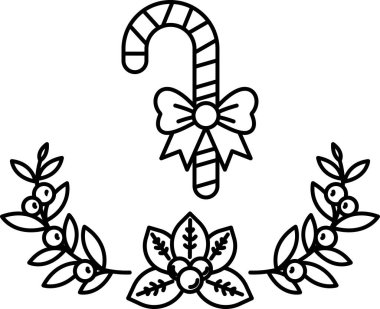 Kırmızı ve yeşil bastonlu ve mavi kurdeleli bir Noel çelengi. Çelenk yeşil yapraklar ve meyvelerle çevrilidir.