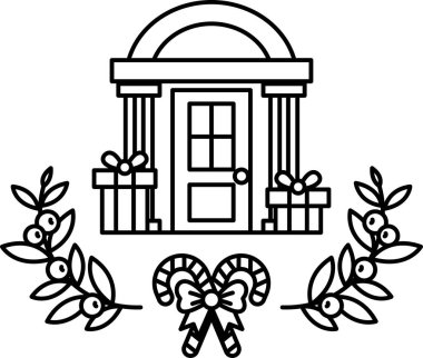 Kapısı ve penceresi olan bir ev. Kapı bir yayla süslenmiş. Ev yapraklardan bir çelenkle çevrili.