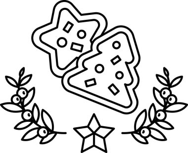 Yıldız ve ağaç şeklinde bir kurabiye beyaz arka plandadır. Kurabiye yeşil ve kırmızı malzemelerle süslenmiş.