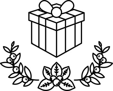 Yeşil yapraklı bir sınırın üstünde sarı bir fiyonk olan kırmızı ve sarı bir kutu. Kutu yeşil yapraklarla çevrili.