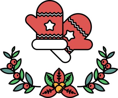 Üzerinde yıldız olan bir çift kırmızı eldiven yeşil yapraklardan bir çelenkle çevrilidir.