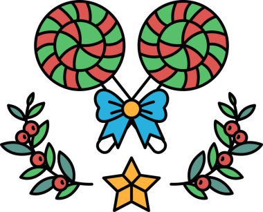 Bir yay ve bir yıldız ile iki lolipop çizimi. Lolipoplar yeşil, kırmızı ve yay mavi. Resmin neşeli ve neşeli bir havası var.