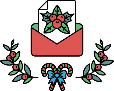 Üzerinde yeşil yaprak ve kırmızı yaprak olan kırmızı bir zarf. Zarf yeşil yapraklı bir çelenkle süslenmiş.