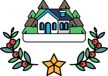 Beyaz çatılı ve mavi süslemeli bir ev ormanda bulunur. Ev yapraklardan ve böğürtlenlerden oluşan bir çelenkle çevrili.