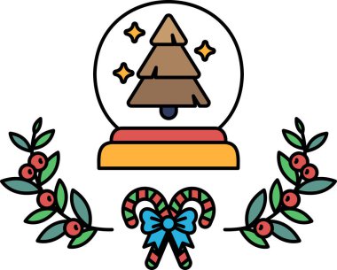 Bir Noel ağacı yapraklardan bir çelenk ve bir şeker kamışı ile çevrilidir. Ağacın tepesine bir kar küresi konur.