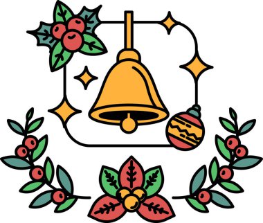 Kırmızı böğürtlenli ağaçtan bir çan sarkıyor. Çan yeşil yapraklardan bir çelenkle çevrilidir.