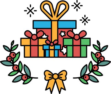 Renkli bir hediye kutusu bir yaprak çelengiyle çevrilidir. Hediyeler sevgi ve mutluluğun sembolü olduğu için sevinç ve kutlama kavramı. Kutuların parlak renkleri