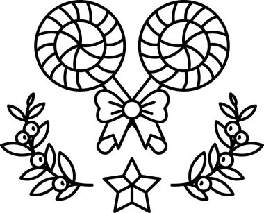 Bir yay ve bir yıldız ile iki lolipop çizimi. Lolipoplar yeşil, kırmızı ve yay mavi. Resmin neşeli ve neşeli bir havası var.