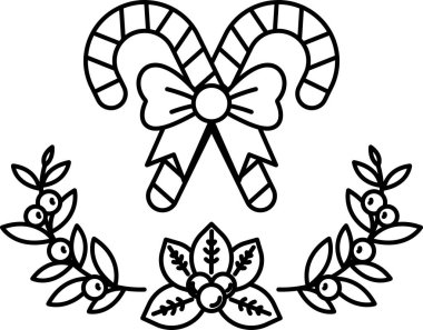 Kırmızı, yeşil ve mavi baston şeker ve mavi kurdeleli bir Noel çelengi. Çelenk yeşil yapraklar ve meyvelerle çevrilidir.