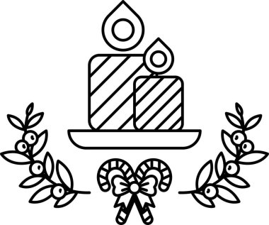 Bir mum ve üzerinde fiyonk olan bir çelenk. Mum kırmızı ve sarı.