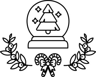 Bir Noel ağacı yapraklardan bir çelenk ve bir şeker kamışı ile çevrilidir. Ağacın tepesine bir kar küresi konur.