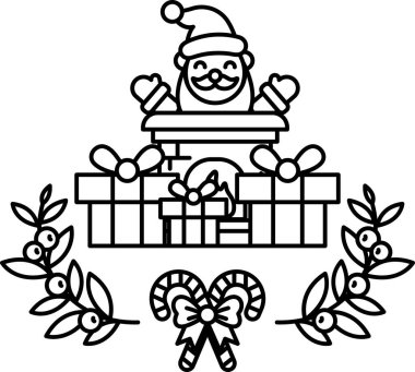 Noel Baba 'nın bir sürü hediyeyle şöminenin önünde durduğu karikatürsel bir görüntü. Manzara neşeli ve şenlikli, çünkü tatil sezonunun bir temsilcisi.