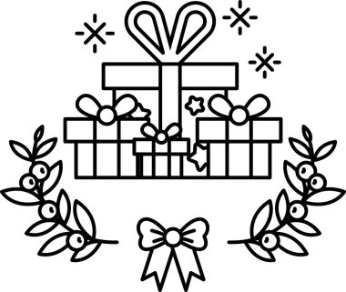 Renkli bir hediye kutusu bir yaprak çelengiyle çevrilidir. Hediyeler sevgi ve mutluluğun sembolü olduğu için sevinç ve kutlama kavramı. Kutuların parlak renkleri