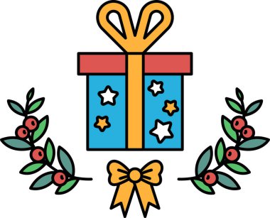 Yeşil yapraklı bir sınırın üstünde kırmızı bir fiyonk olan mavi bir kulübe. Kutu yıldızlar ve böğürtlenlerle süslenmiş.