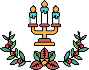 Üç mumlu ve yapraklı bir dizaynı olan bir mum tutacağı. Mumlar yakılır ve tutucu beyaz arka plana yerleştirilir.