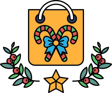 Yay ve baston şekerli bir çanta. Çanta turuncu ve şeker kamışları kırmızı, yeşil ve mavi. İmajın neşeli ve neşeli bir havası var.