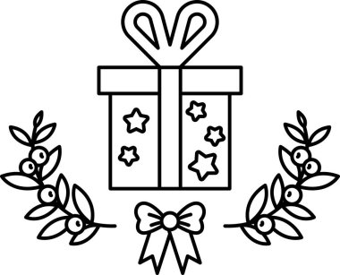 Etrafında bir yay ve yıldızlar olan bir hediye kutusunun siyah beyaz çizimi. Eğlence ve kutlama kavramı. Tatil ya da özel bir gün için kullanılması beklendiği gibi.