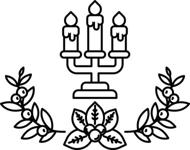 Üç mumlu ve yapraklı kenarı olan bir mum tutacağı. Mumlar yanıyor ve tutucu beyaz.