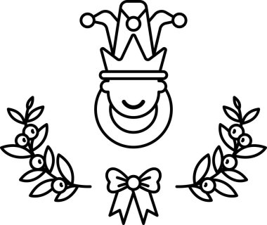 Tacı ve yayı olan bir soytarının siyah beyaz çizimi. Çizim, bayram ya da kutlama için uygun bir sahne.