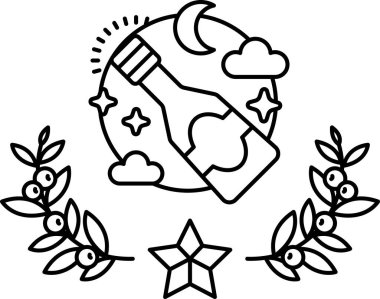 Bir şişe şarap yapraklar ve yıldızlarla çevrilidir. Şişe görüntünün ana odak noktası, ama yapraklar ve yıldızlar sahneye bir doğa ve sihir hissi katıyor. Sahne kaprisli ve büyüleyici