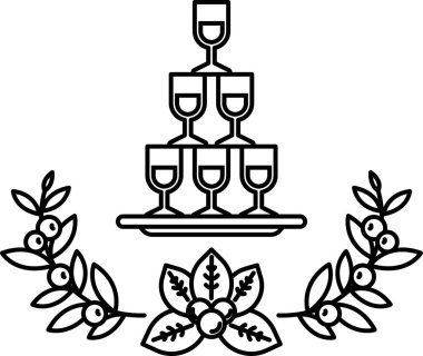 Üzerinde beş bardak olan bir şarap kadehinin siyah beyaz çizimi. Kule yapraklar ve meyvelerle çevrili.