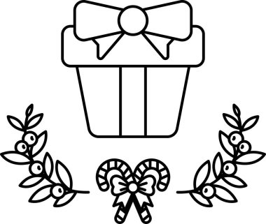 Üstünde fiyonk olan bir hediye kutusunun siyah beyaz çizimi. Kutu bir yaprak çelengi ve bir şeker kamışı ile çevrili. Sevinç ve kutlama kavramı