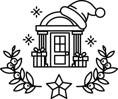 Üzerinde şapka olan bir ev ve ortasında da bir yıldız. Ev Noel için dekore edildi.