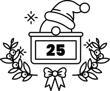 Üzerinde şapka ve 25 numara olan siyah beyaz bir Noel ağacı çizimi.