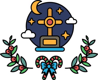 Bir haçın siyah beyaz çizimi ve üzerinde yıldız olan bir küre. Haç yapraklardan bir çelenkle çevrili ve dünya şeker kamışlarıyla çevrili.