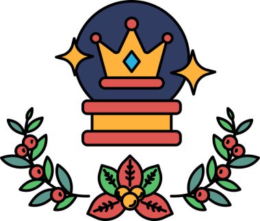 Bir taç ve kristal kürenin siyah beyaz çizimi. Taç kristal kürenin üstünde ve arka planda yapraklardan bir çelenk var. Çizimler kraliyet ve sihir hissi veriyor.