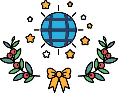 Yıldızlı ve etrafında bir yay olan bir küre çizimi. Dünya yapraklar ve böğürtlenlerden oluşan bir çelenkle çevrilidir. Bu çizim bir kutlama ve sevinç hissi veriyor, dünya gibi.