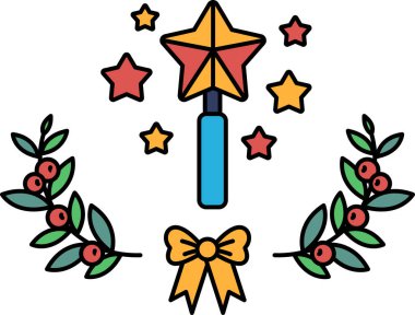 Üzerinde yıldız olan siyah beyaz bir değnek çizimi ve etrafında yıldızlar. Noel çelengi çizilmiş.