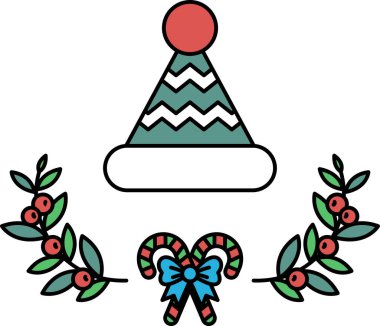 Fiyonklu bir şapka yapraklardan bir çelenk üzerindedir. Şapka beyaz, çelenk yeşil.