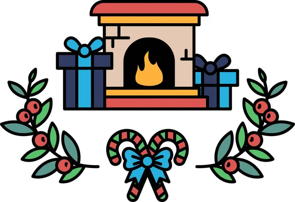 Önünde yapraklardan bir çelenk ve şeker kamışı olan bir şömine. Şömine hediyeler ve bir Noel ağacı ile çevrili. Görüntü sıcak ve şenlikli bir atmosfer taşır.