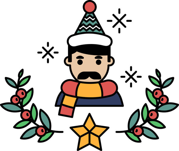 A man wearing a hat and scarf is surrounded by leaves and berries. The image has a festive and cheerful mood, likely representing the holiday season