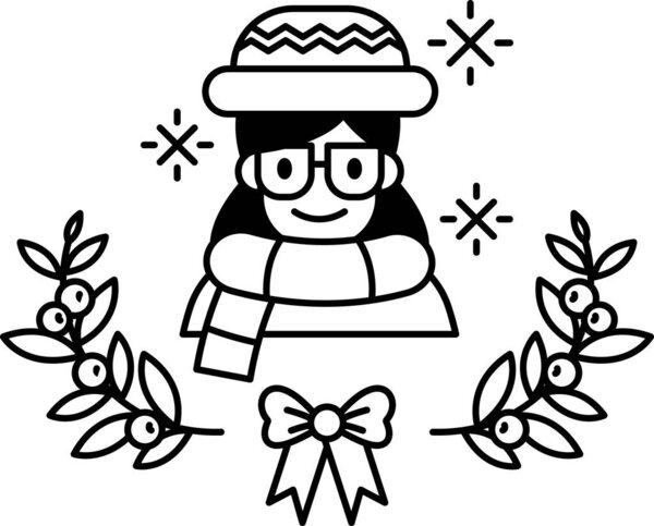 A woman wearing a hat and scarf is smiling in a wreath of leaves. The image has a festive and cheerful mood, likely representing the holiday season