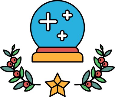 Üzerinde yıldız olan siyah beyaz bir kristal küre ve onu çevreleyen yapraklar. Çizim bir gizem ve sihir hissi veriyor.