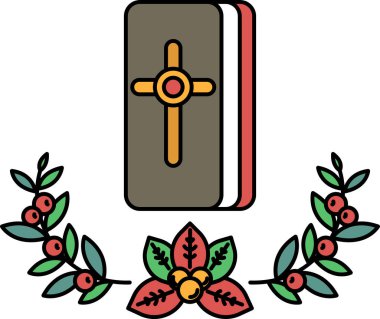 Beyaz arka planda bir haç çizilir ve etrafını yapraklardan bir çelenk sarar. Haç bir kitabın üzerine konur, o da siyahla çizilir. Maneviyat ve hürmet kavramı